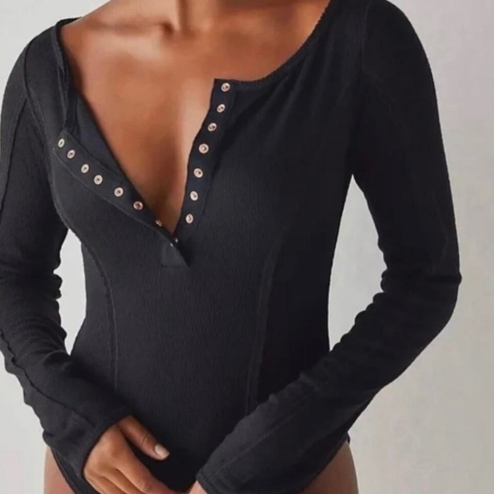 Free People Sloan Black Long Sleeve Bodysuit with Snaps - Picture 3 of 3